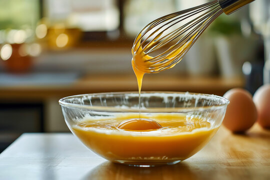 Detailed shot of whisking eggs and sugar in a glass bowl, motion blur on the whisk, clean modern kitchen in soft focus background.