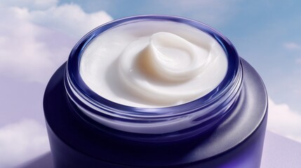 A close-up view of a dark blue luxury skincare jar reveals a rich, creamy texture inside. The light highlights its elegant design, suggesting indulgence and pampering