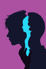 A surreal illustration showing layered human silhouettes revealing an inner child, symbolizing trauma, healing, identity, and emotional growth through introspection and self-discovery.