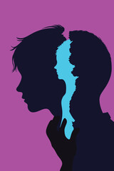 A surreal illustration showing layered human silhouettes revealing an inner child, symbolizing trauma, healing, identity, and emotional growth through introspection and self-discovery.