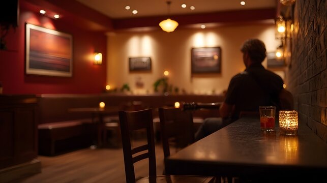 A lone musician plays guitar in a dimly lit tavern with drinks and candles creating a warm intimate ambiance