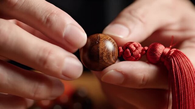 Close-up of Hands Crafting a Bead with Red Tassels A Focus on Detailing and Texture