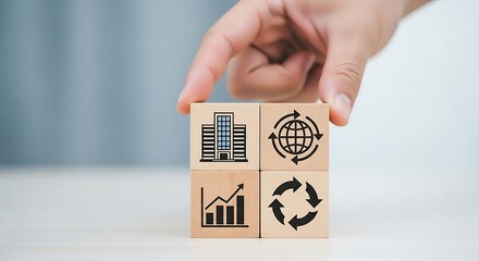 Hand holding wooden blocks with corporate responsibility icons on white table, sustainable development concept, esg idea