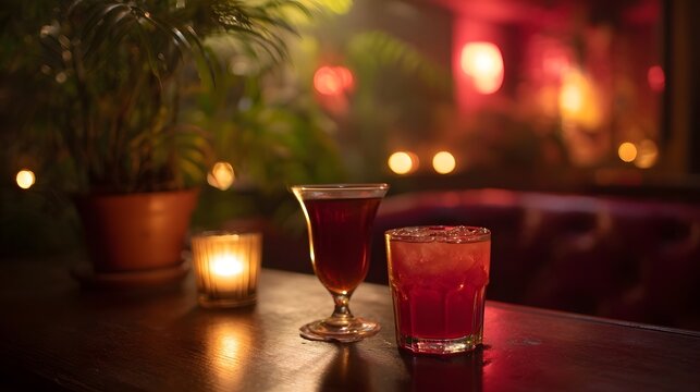 Two cocktails and a lit candle arranged on a wooden bar counter in a dimly lit atmospheric setting
