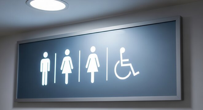 Clear Bathroom Signage Illustrating Male, Female, and Accessibility Access Directions