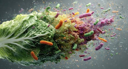 A vibrant illustration showing lettuce bursting with colorful microbes and particles in an artistic explosion
