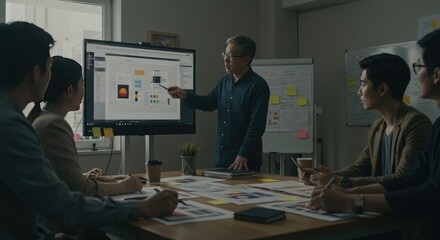 Diverse team collaborates on project presentation in modern office