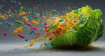 A cabbage head bursts with colorful, microscopic shapes, creating an explosion against gray backdrop