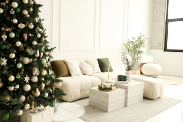 Naklejka premium Christmas white interior. Living room in loft.