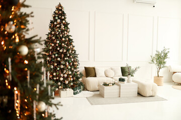 Naklejka premium Christmas white interior. Living room in loft.
