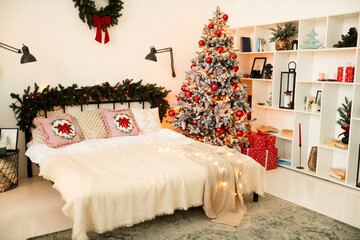 Naklejka premium Christmas white interior. Living room in loft.