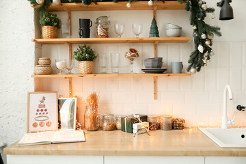 Naklejka premium Christmas white interior. Living room in loft.