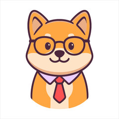 Cute Shiba Inu dog wearing glasses and a tie, depicting a smart professional. This engaging flat vector logo illustration is ideal for business, education, or technology brands
