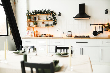 Naklejka premium Christmas white interior. Living room in loft.