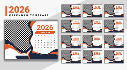 2026 desk calendar template with modern orange and dark blue wavy shapes for business planning schedule Vector