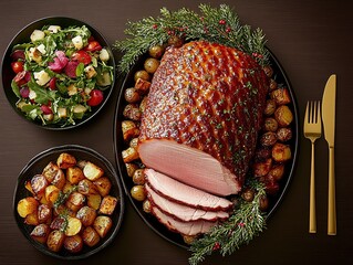 Christmas holiday roasted ham dinner with golden cutlery, roasted potatoes and fresh vegetable salad, top view composition on elegant brown background for commercial use.