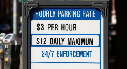 Clear Parking Sign Indicating Hourly Rate, Daily Maximum, And 24/7 Enforcement Details