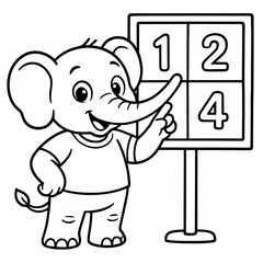 Cute elephant learning numbers on a board, black and white coloring page
