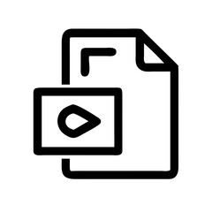 Black line art icon representing a document with a video play button overlay in simple style format