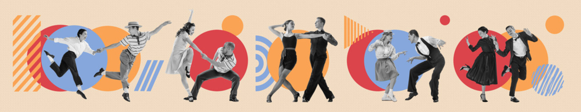 Vintage dance collage with retro couples performing expressive steps on graphic backdrop. Concept of event promotion, nostalgic dance advertising, and themed artistic visuals. 8 models