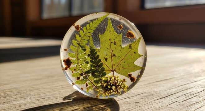 Clear Resin Dome Encapsulating Green Leaves And Ferns On a Wooden Surface - Powered by Adobe