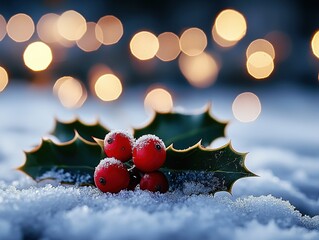 Red holly berry on snow with green leaves and bokeh lights, top view Christmas composition for festive designs and commercial use.