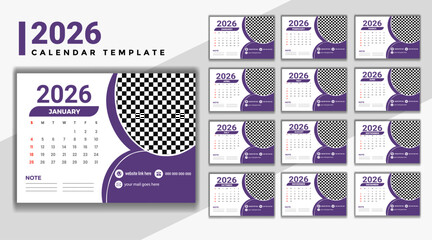 2026 calendar template design with elegant purple accents and modern layout for year planning and organization Vector