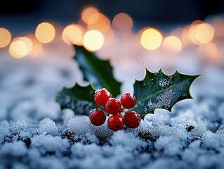 Red holly berry on snowy ground with green leaves and bokeh lights, Christmas festive theme, ideal for holiday designs, greeting cards, digital media, and decorative projects.