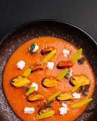 A vibrant seafood soup features mussels resting on a rich, red broth