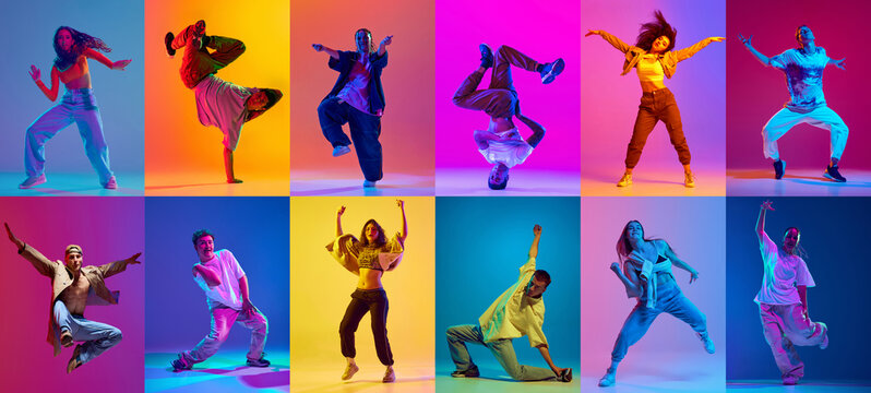 Dynamic breakdance collage featuring 10 diverse dancers in bold neon studio lighting. Concept of modern street culture visuals, energetic dance promotion, and youth lifestyle content - Powered by Adobe