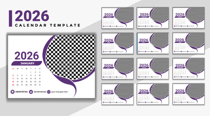 Modern 2026 desktop calendar template with elegant purple accents and image placeholder design vector Vector