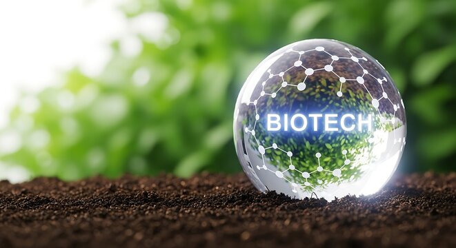 A glowing sphere with the word biotech on it sits on soil with a green leafy background in this conceptual image