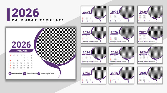 Modern 2026 desktop calendar template with elegant purple accents and image placeholder design vector Vector