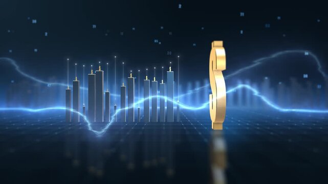 Digital Finance Growth Golden Dollar Symbols on High-Tech Background with Investment Charts