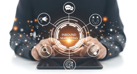 Businessman using tablet with inbound marketing strategy concept, content, search engine optimization, social media, email isolated on white background