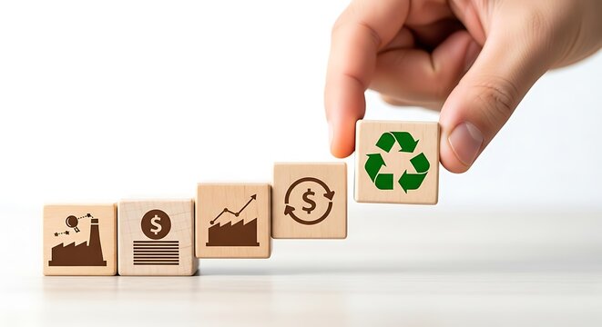 Hand putting wooden cube with green recycle symbol on top of the row isolated on white background concept of circular economy