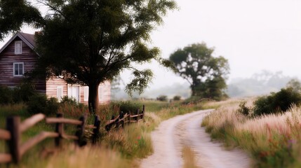 Peaceful rural scene with a winding path and a rustic wooden house at dusk
