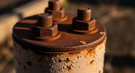 Close-Up Shot of Rusted Metal Bolts and Nuts Showing Detailed Texture and Wear