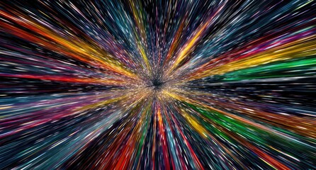 Abstract visual exploding from the center, streaks of color emanate outwards against black