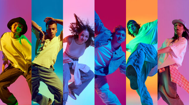 Urban dance collage with bold expressive performers in intense neon studio lighting. Concept of street culture visuals, youth energy promotion, and modern dance advertising