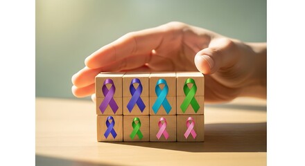 Hand holding wooden blocks with awareness ribbons symbolizing different types of cancer on a wooden table in bright sunlight