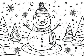 Christmas coloring page featuring snowflakes and cheerful seasonal characters