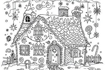 Christmas coloring page featuring snowflakes and cheerful seasonal characters