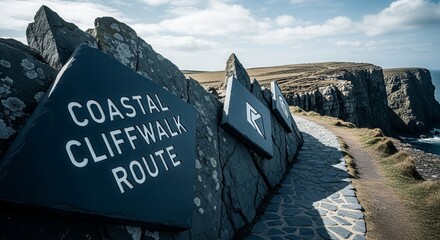Coastal Cliffwalk Route Sign with a Scenic View Providing Directions for Exploration
