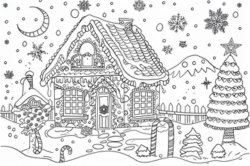Christmas coloring page featuring snowflakes and cheerful seasonal characters