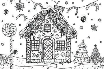 Christmas coloring page featuring snowflakes and cheerful seasonal characters