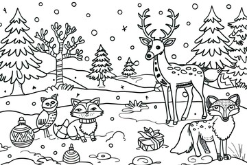 Christmas coloring page featuring snowflakes and cheerful seasonal characters