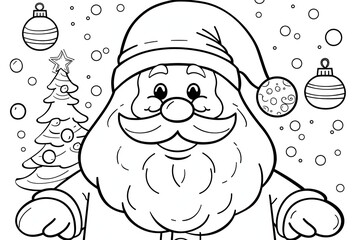 Christmas coloring page featuring snowflakes and cheerful seasonal characters
