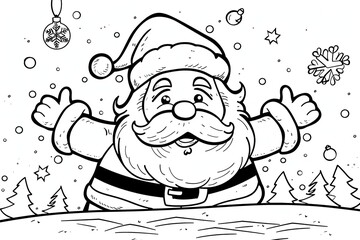 Christmas coloring page featuring snowflakes and cheerful seasonal characters