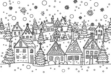 Christmas coloring page featuring snowflakes and cheerful seasonal characters